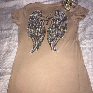 G BY GUESS WOMENS SPARKLY WINGED SHIRT